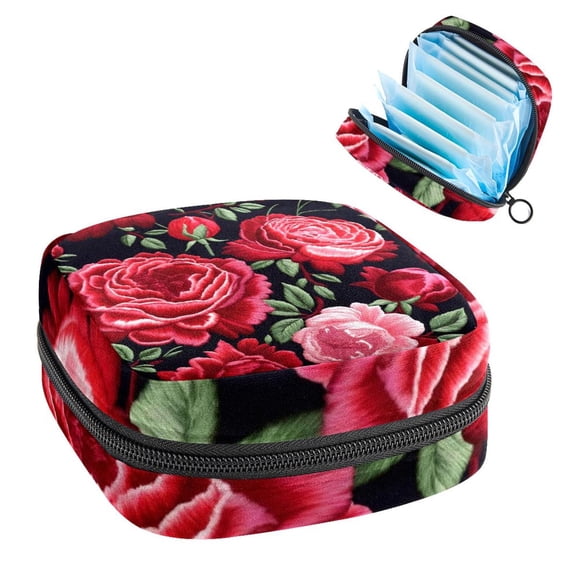 Sanitary Napkin Storage Bag for Girls Women, Portable First Period Pads Bag Tampons Holder Girls Travel Makeup Bag, Large Capacity Embroidery Red Roses and Pink Peonies Pattern