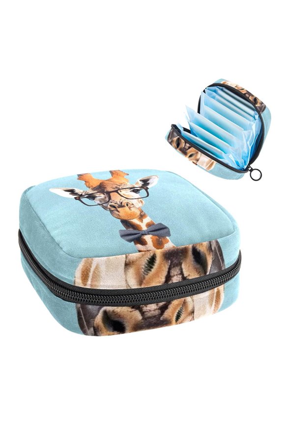 Sanitary Napkin Storage Bag for Girls Women, Portable First Period Pads Bag Tampons Holder Girls Travel Makeup Bag, Large Capacity Giraffe Hipster Animal Neck Bowtie and Nerd Glasses