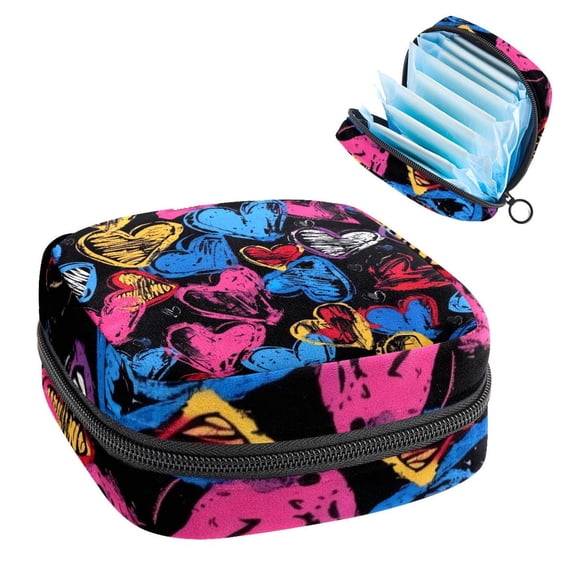 Sanitary Napkin Storage Bag for Girls Women, Portable First Period Pads Bag Tampons Holder Girls Travel Makeup Bag, Large Capacity Graffiti with Hearts