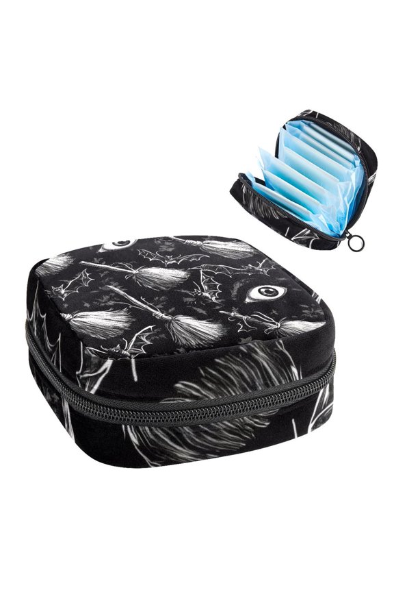 Sanitary Napkin Storage Bag for Girls Women, Portable First Period Pads Bag Tampons Holder Girls Travel Makeup Bag, Large Capacity Halloween Brooms Flying Eyes Bats