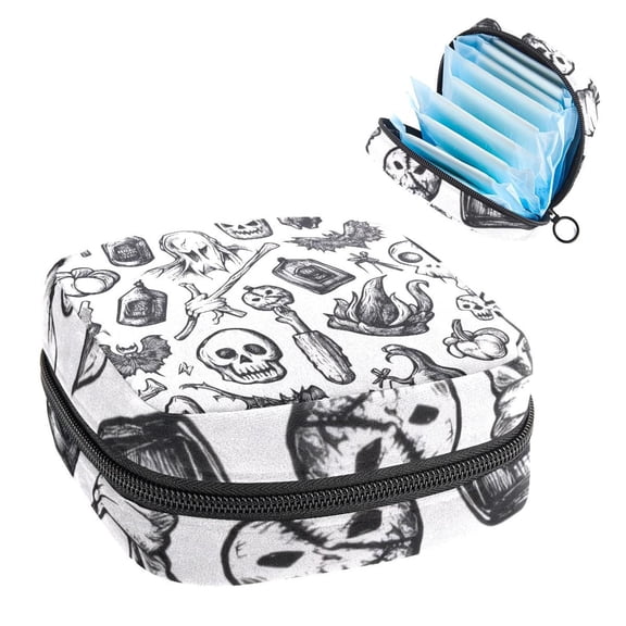 Sanitary Napkin Storage Bag for Girls Women, Portable First Period Pads Bag Tampons Holder Girls Travel Makeup Bag, Large Capacity Halloween Seamless Pattern