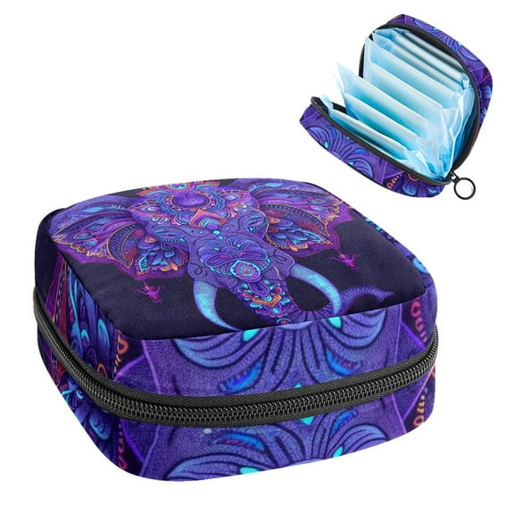 Sanitary Napkin Storage Bag for Girls Women, Portable First Period Pads Bag Tampons Holder Girls Travel Makeup Bag, Large Capacity Indian Lotus Ethnic Purple Elephant