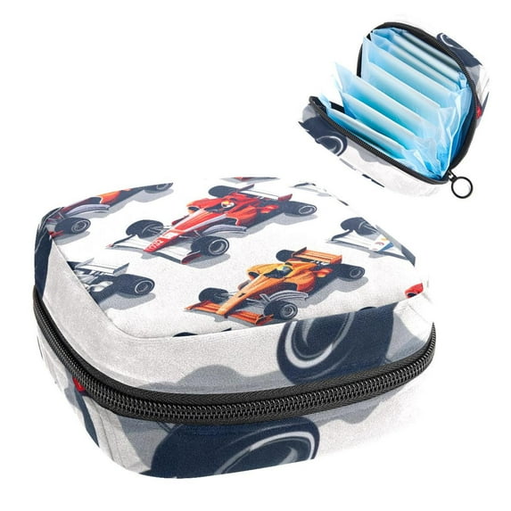 Sanitary Napkin Storage Bag for Girls Women, Portable First Period Pads Bag Tampons Holder Girls Travel Makeup Bag, Large Capacity Racing Cars Seamless
