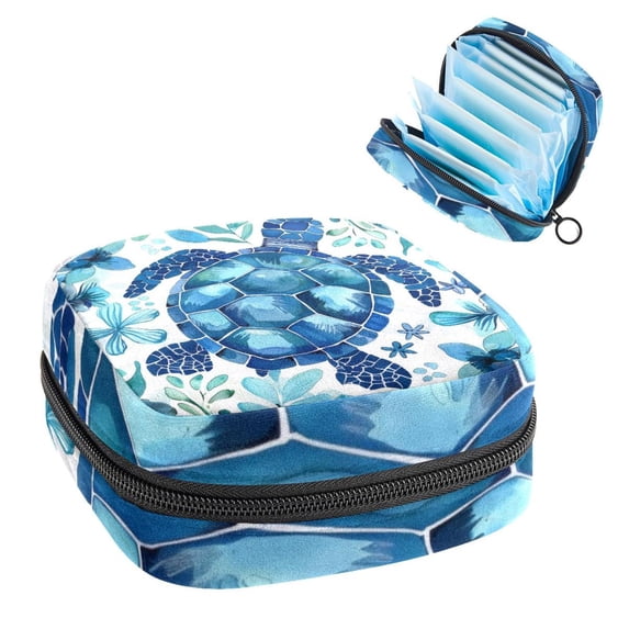 Sanitary Napkin Storage Bag for Girls Women, Portable First Period Pads Bag Tampons Holder Girls Travel Makeup Bag, Large Capacity Sea Turtle Blue Teal Ocean Pattern