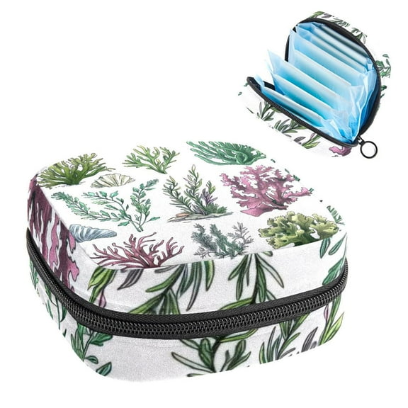 Sanitary Napkin Storage Bag for Girls Women, Portable First Period Pads Bag Tampons Holder Girls Travel Makeup Bag, Large Capacity Sea Underwater Plants Ocean Coral Pattern