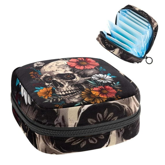 Sanitary Napkin Storage Bag for Girls Women, Portable First Period Pads Bag Tampons Holder Girls Travel Makeup Bag, Large Capacity Skull and Flowers Day of the Dead on Black