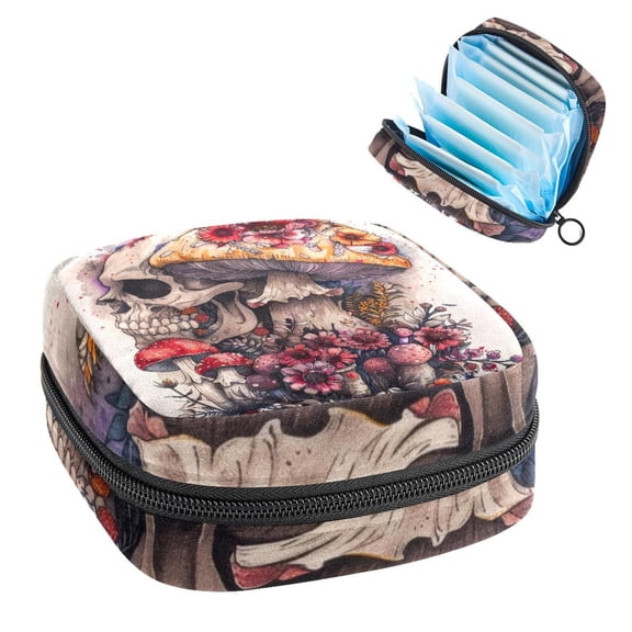 Sanitary Napkin Storage Bag for Girls Women, Portable First Period Pads Bag Tampons Holder Girls Travel Makeup Bag, Large Capacity Skull Flowers Mushroom