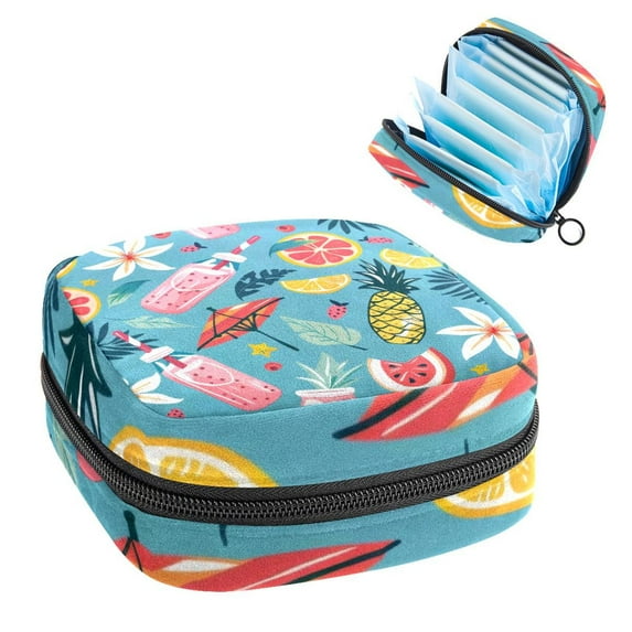 Sanitary Napkin Storage Bag for Girls Women, Portable First Period Pads Bag Tampons Holder Girls Travel Makeup Bag, Large Capacity Summer Tropical Beach Vibes