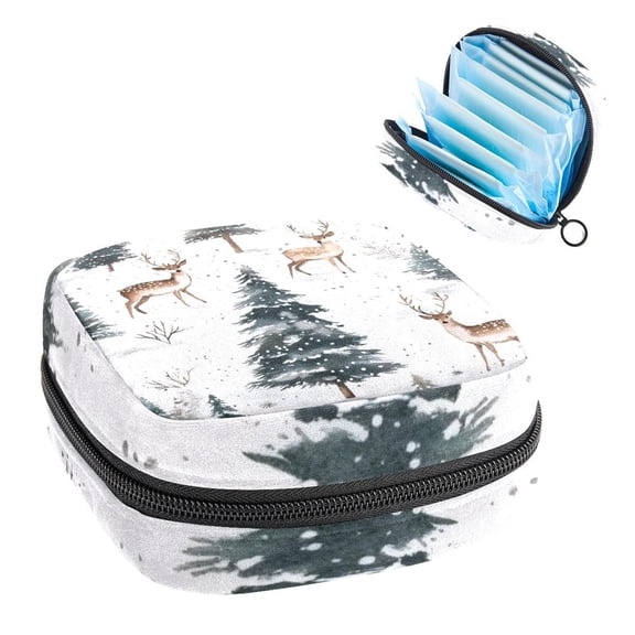 Sanitary Napkin Storage Bag for Girls Women, Portable First Period Pads Bag Tampons Holder Girls Travel Makeup Bag, Large Capacity Watercolor Christmas Trees and Deers Landscape Wildlife Pattern
