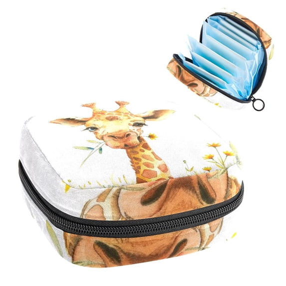 Sanitary Napkin Storage Bag for Girls Women, Portable First Period Pads Bag Tampons Holder Girls Travel Makeup Bag, Large Capacity Watercolor Giraffe with a Flower