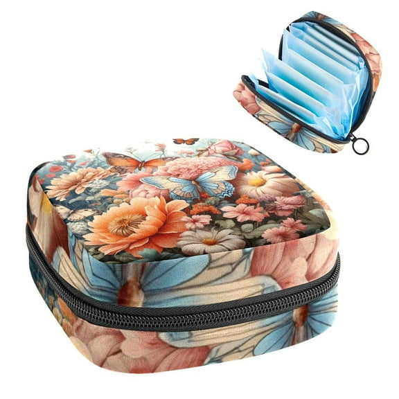 Sanitary Napkin Storage Bag for Girls Women, Portable First Period Pads Bag Tampons Holder Girls Travel Makeup Bag, Large Capacity Beautiful Butterflies and Flowers