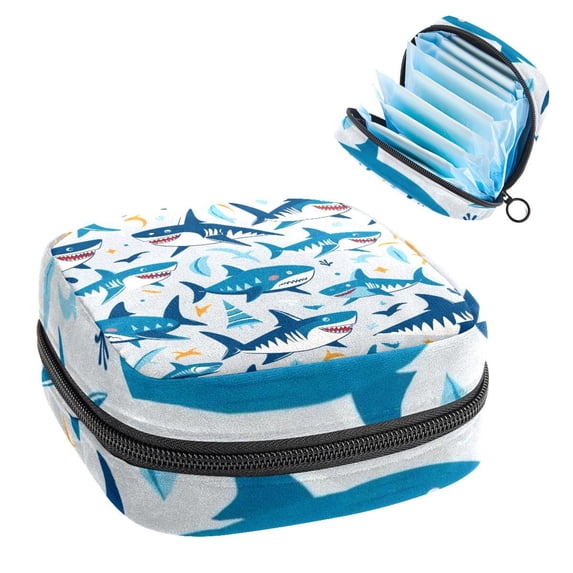 Sanitary Napkin Storage Bag for Girls Women, Portable First Period Pads Bag Tampons Holder Girls Travel Makeup Bag, Large Capacity Cartoon Ocean Shark Pattern