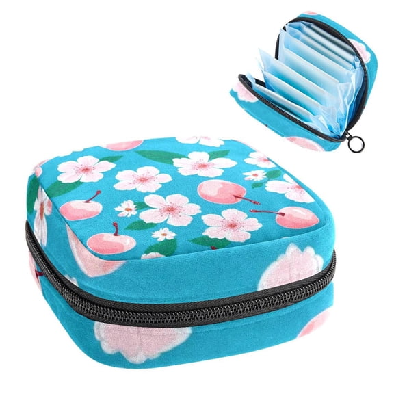 Sanitary Napkin Storage Bag for Girls Women, Portable First Period Pads Bag Tampons Holder Girls Travel Makeup Bag, Large Capacity Cherry and Pink Flower