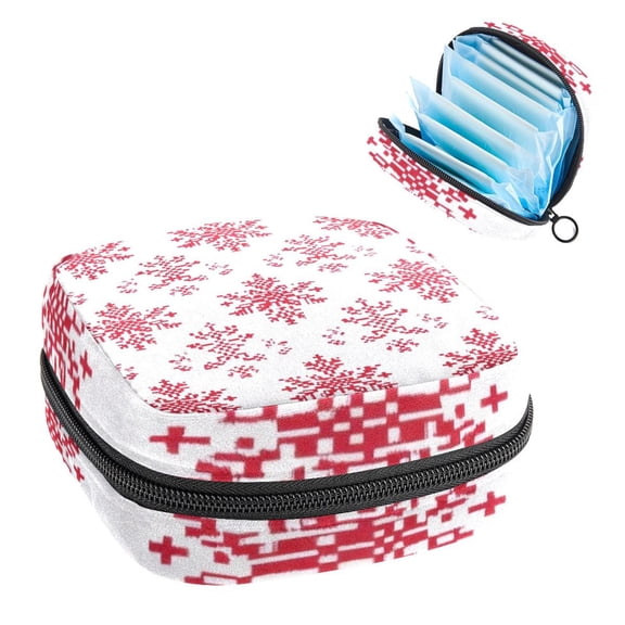 Sanitary Napkin Storage Bag for Girls Women, Portable First Period Pads Bag Tampons Holder Girls Travel Makeup Bag, Large Capacity Christmas Red Snowflake Pixel Pattern