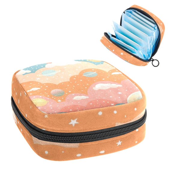 Sanitary Napkin Storage Bag for Girls Women, Portable First Period Pads Bag Tampons Holder Girls Travel Makeup Bag, Large Capacity Colorful Sky Stars and Planets Pattern