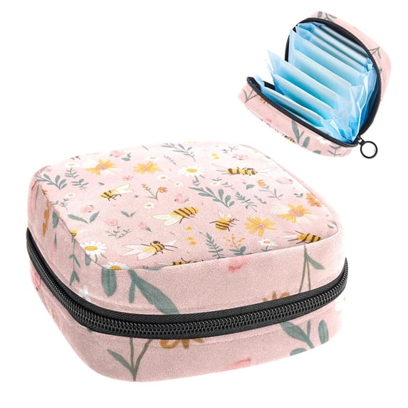 Sanitary Napkin Storage Bag for Girls Women, Portable First Period Pads Bag Tampons Holder Girls Travel Makeup Bag, Large Capacity Cute Bees and Flowers Leaves