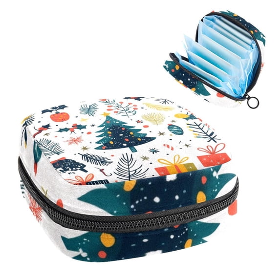 Sanitary Napkin Storage Bag for Girls Women, Portable First Period Pads Bag Tampons Holder Girls Travel Makeup Bag, Large Capacity Cute Christmas Trees and Xmas Elements