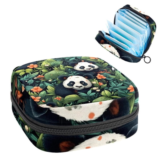 Sanitary Napkin Storage Bag for Girls Women, Portable First Period Pads Bag Tampons Holder Girls Travel Makeup Bag, Large Capacity Cute Pandas Tropical Leaves