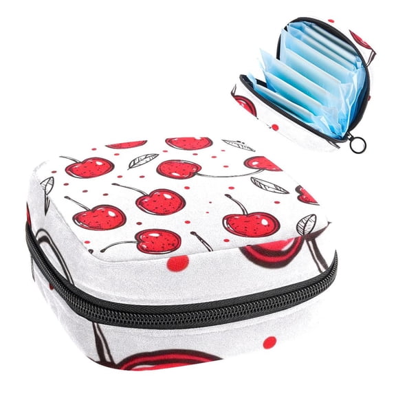 Sanitary Napkin Storage Bag for Girls Women, Portable First Period Pads Bag Tampons Holder Girls Travel Makeup Bag, Large Capacity Cute Red Cherry Fruit Hand Drawn Seamless Pattern