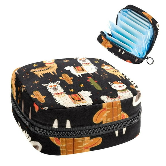 Sanitary Napkin Storage Bag for Girls Women, Portable First Period Pads Bag Tampons Holder Girls Travel Makeup Bag, Large Capacity Cute Seamless Lamas with Cactus