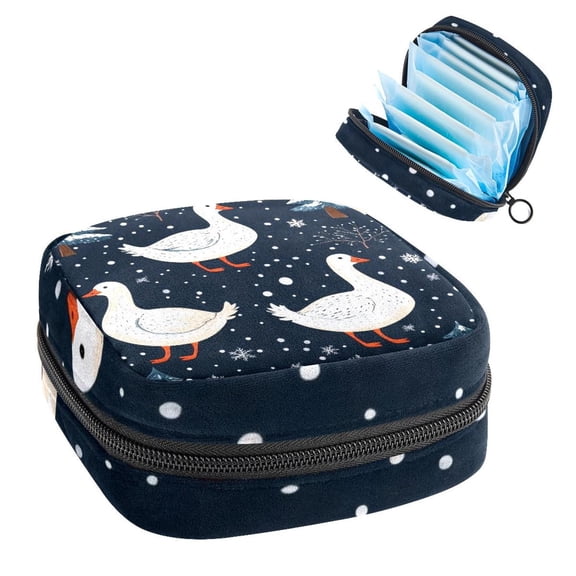 Sanitary Napkin Storage Bag for Girls Women, Portable First Period Pads Bag Tampons Holder Girls Travel Makeup Bag, Large Capacity Cute White Gooses and Christmas Trees