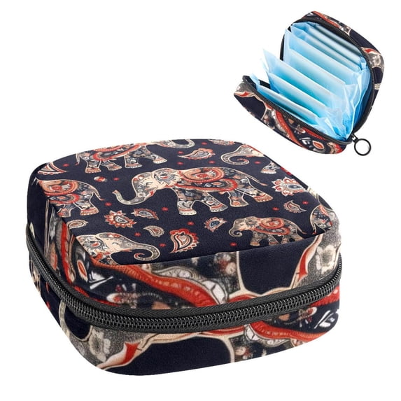 Sanitary Napkin Storage Bag for Girls Women, Portable First Period Pads Bag Tampons Holder Girls Travel Makeup Bag, Large Capacity Elephants and Paisleys on Dark Background
