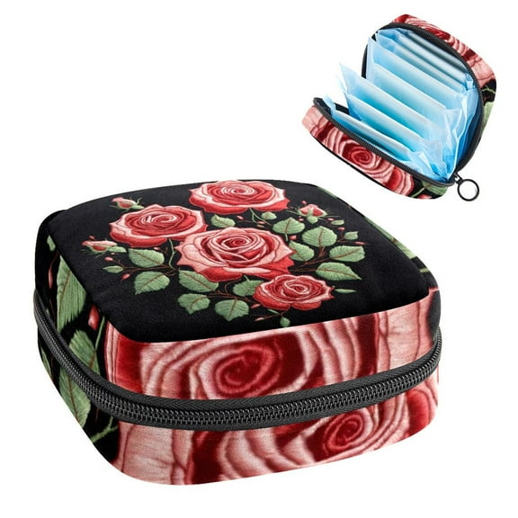 Sanitary Napkin Storage Bag for Girls Women, Portable First Period Pads Bag Tampons Holder Girls Travel Makeup Bag, Large Capacity Embroidery Rose Flowers
