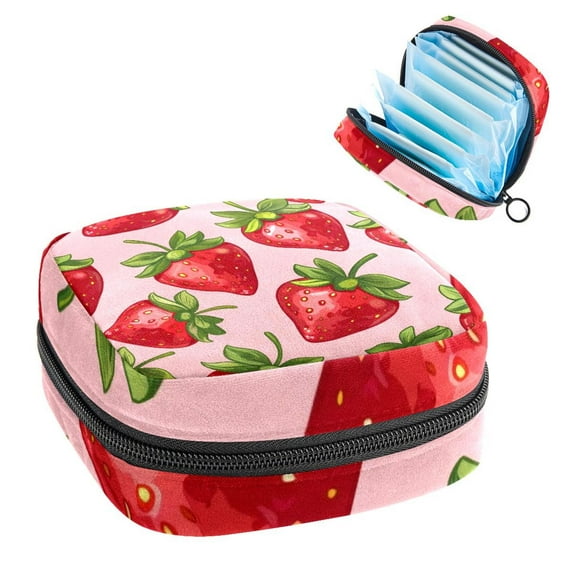 Sanitary Napkin Storage Bag for Girls Women, Portable First Period Pads Bag Tampons Holder Girls Travel Makeup Bag, Large Capacity Heart Shape Strawberry with Green Leaves on Pink