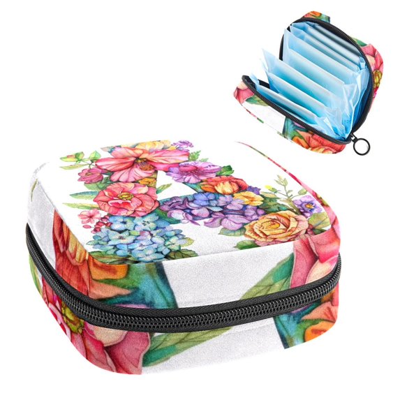 Sanitary Napkin Storage Bag for Girls Women, Portable First Period Pads Bag Tampons Holder Girls Travel Makeup Bag, Large Capacity Letter a with Colorful Flowers Cute Pattern