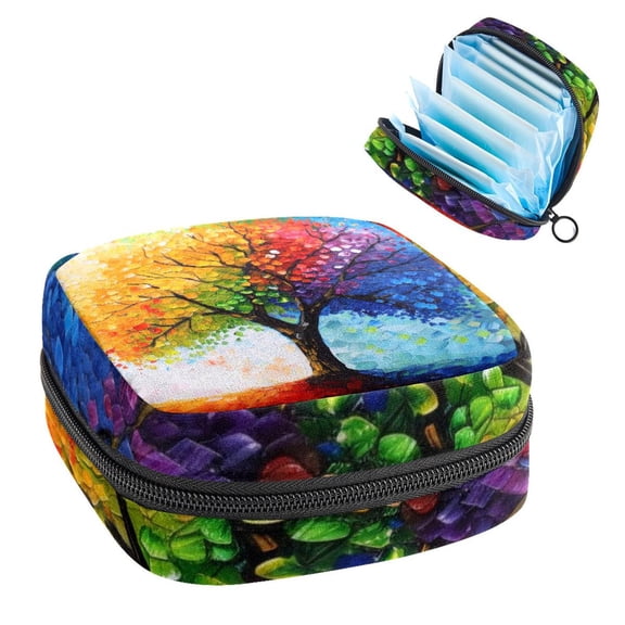 Sanitary Napkin Storage Bag for Girls Women, Portable First Period Pads Bag Tampons Holder Girls Travel Makeup Bag, Large Capacity Oil Painting Tree Colored Seasons Tree Pattern