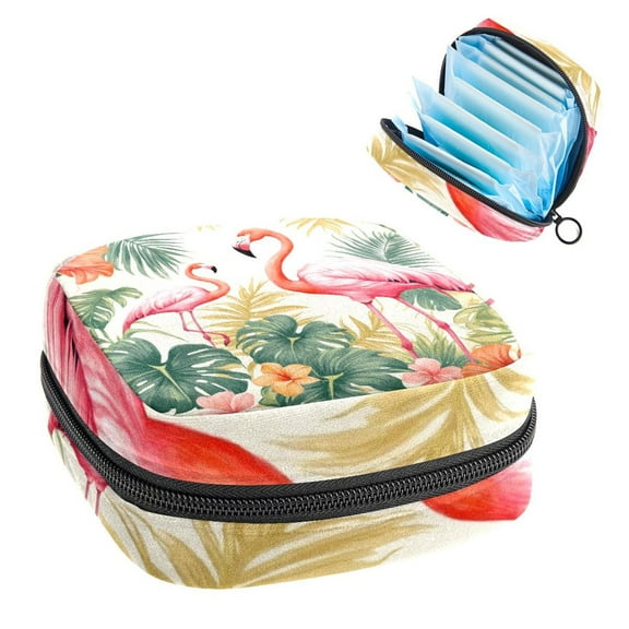 Sanitary Napkin Storage Bag for Girls Women, Portable First Period Pads Bag Tampons Holder Girls Travel Makeup Bag, Large Capacity Pink Flamingo Tropical Plants
