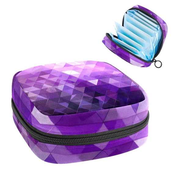 Sanitary Napkin Storage Bag for Girls Women, Portable First Period Pads Bag Tampons Holder Girls Travel Makeup Bag, Large Capacity Purple White Triangle Geometric Pattern