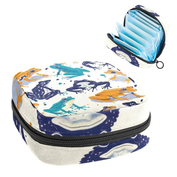 Sanitary Napkin Storage Bag for Girls Women, Portable First Period Pads Bag Tampons Holder Girls Travel Makeup Bag, Large Capacity Seamless Abstract Pattern with Animal Frogs