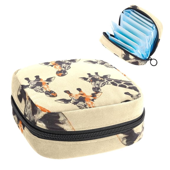 Sanitary Napkin Storage Bag for Girls Women, Portable First Period Pads Bag Tampons Holder Girls Travel Makeup Bag, Large Capacity Seamless Giraffe Head Pattern
