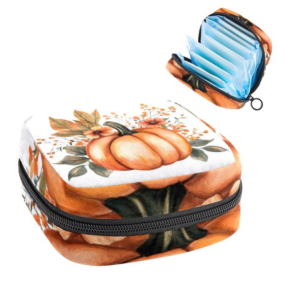 Sanitary Napkin Storage Bag for Girls Women, Portable First Period Pads Bag Tampons Holder Girls Travel Makeup Bag, Large Capacity Thanksgiving Pumpkin with Flowers and Leaves
