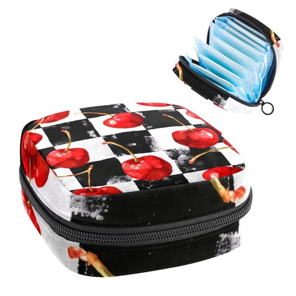 Sanitary Napkin Storage Bag for Girls Women, Portable First Period Pads Bag Tampons Holder Girls Travel Makeup Bag, Large Capacity Watercolor Cherries on Black and White Checkers