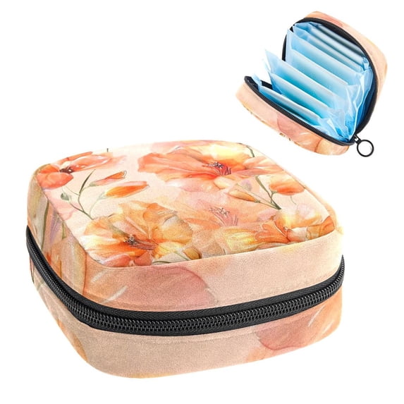 Sanitary Napkin Storage Bag for Girls Women, Portable First Period Pads Bag Tampons Holder Girls Travel Makeup Bag, Large Capacity Watercolor Orange Flowers on Peach Background