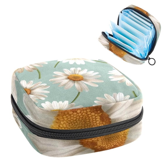 Sanitary Napkin Storage Bag for Girls Women, Portable First Period Pads Bag Tampons Holder Girls Travel Makeup Bag, Large Capacity White Flowers Daisies
