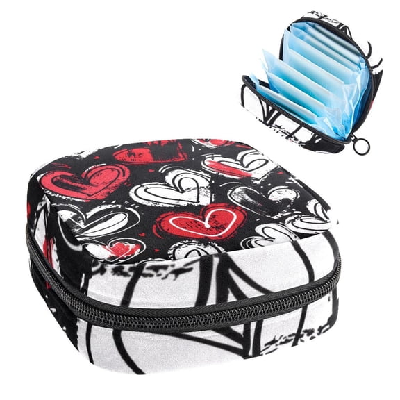 Sanitary Napkin Storage Bag, Graffiti with Seamless Red Hearts Portable Menstrual Pad Bag for Teen Girls Store Panty Liners Tampons Sanitary Pads for Women Ladies
