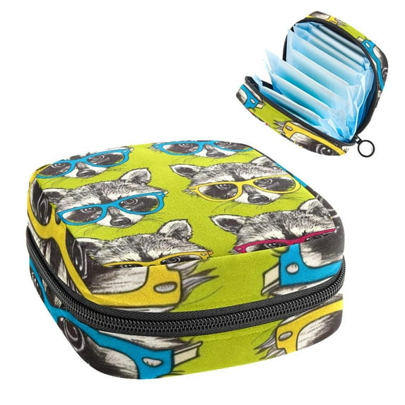 Sanitary Napkin Storage Bag, Heads of Cute Raccoons in Colored Glasses Portable Menstrual Pad Bag for Teen Girls Store Panty Liners Tampons Sanitary Pads for Women Ladies