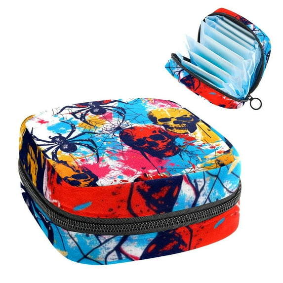 Sanitary Napkin Storage Bag, Human Skulls Spiders Spiderweb Portable Menstrual Pad Bag for Teen Girls Store Panty Liners Tampons Sanitary Pads for Women Ladies