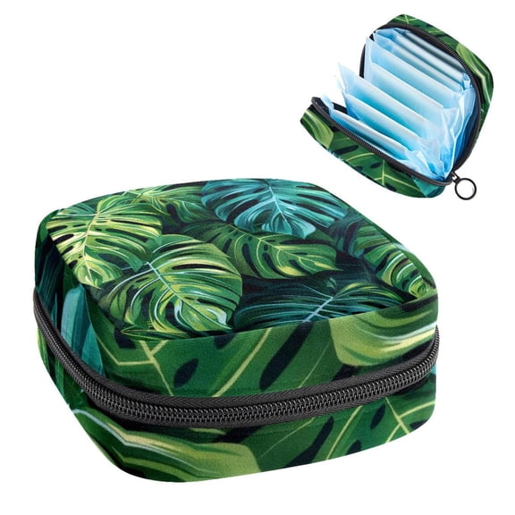 Sanitary Napkin Storage Bag, Monstera Leaves Palm Leaf Branches Portable Menstrual Pad Bag for Teen Girls Store Panty Liners Tampons Sanitary Pads for Women Ladies