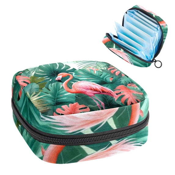 Sanitary Napkin Storage Bag, Pink Flamingo Jungle Leaves Trees Portable Menstrual Pad Bag for Teen Girls Store Panty Liners Tampons Sanitary Pads for Women Ladies