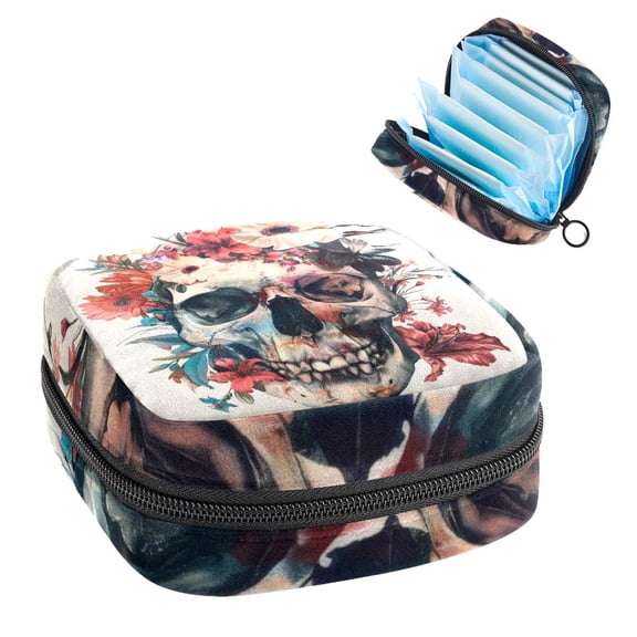 Sanitary Napkin Storage Bag, Skull Floral Portable Menstrual Pad Bag for Teen Girls Store Panty Liners Tampons Sanitary Pads for Women Ladies