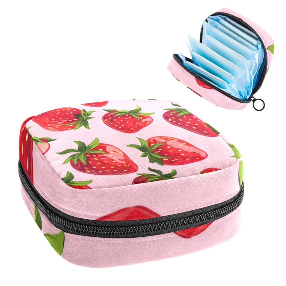 Sanitary Napkin Storage Bag, Strawberry with Green Leaves Portable Menstrual Pad Bag for Teen Girls Store Panty Liners Tampons Sanitary Pads for Women Ladies