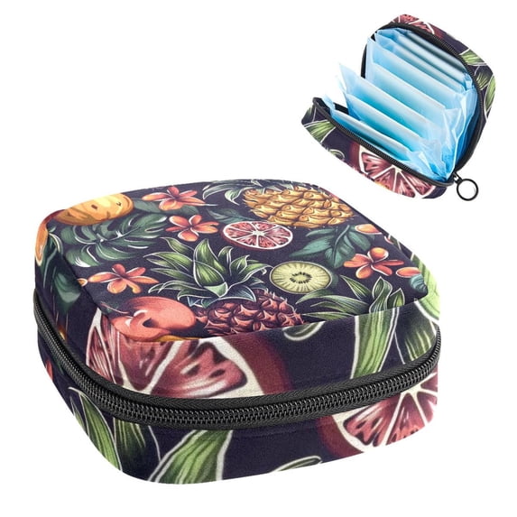 Sanitary Napkin Storage Bag, Tropical Fruits Flowers Hawaiian Pattern Portable Menstrual Pad Bag for Teen Girls Store Panty Liners Tampons Sanitary Pads for Women Ladies