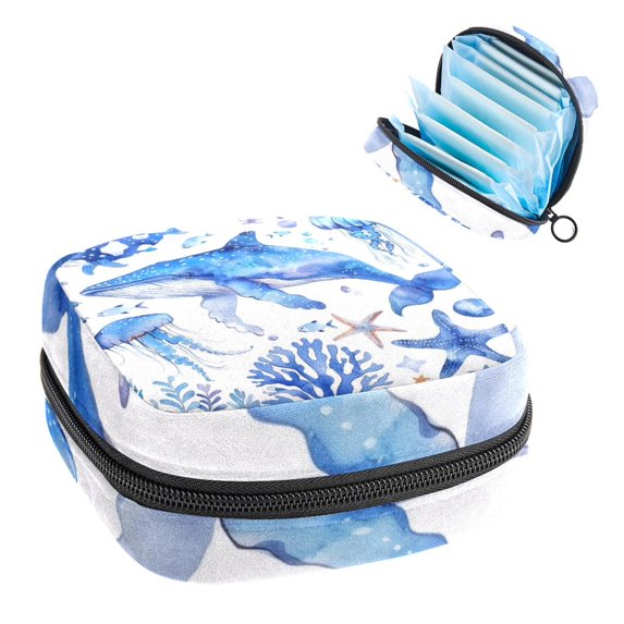 Sanitary Napkin Storage Bag, Watercolor Nautical Jellyfish Starfish Whale Portable Menstrual Pad Bag for Teen Girls Store Panty Liners Tampons Sanitary Pads for Women Ladies