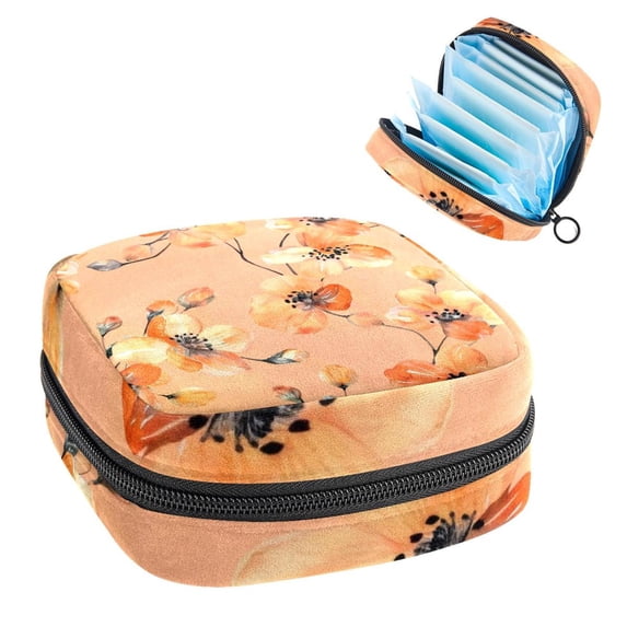 Sanitary Napkin Storage Bag, Watercolor Orange Flowers Peach Background Portable Menstrual Pad Bag for Teen Girls Store Panty Liners Tampons Sanitary Pads for Women Ladies