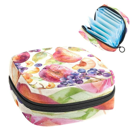 Sanitary Napkin Storage Bag, Watercolor Peach Pear and Berries Pattern Portable Menstrual Pad Bag for Teen Girls Store Panty Liners Tampons Sanitary Pads for Women Ladies