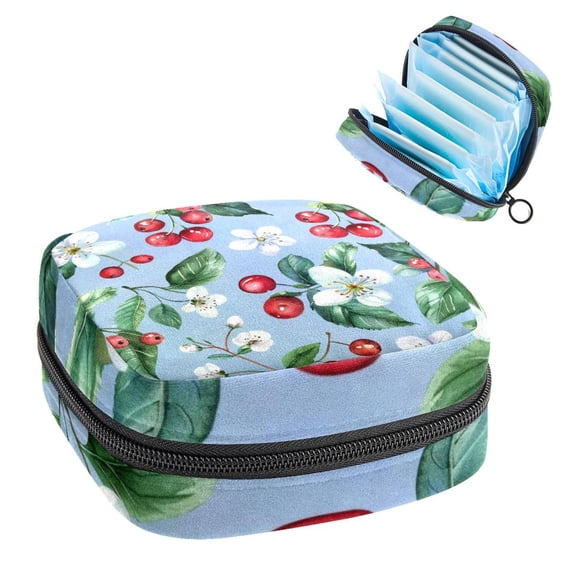 Sanitary Napkin Storage Bag, Watercolor Spring Blossom on Blue Background Portable Menstrual Pad Bag for Teen Girls Store Panty Liners Tampons Sanitary Pads for Women Ladies